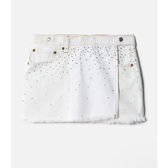 Re/done & PAM Levis White Denim Crystal Denim Wrap Mini Skirt NWT Sz 25 $495 - Picture 4 of 12